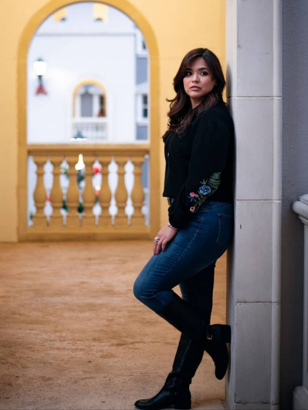 Charming Charlie Black Crewneck Sweater with Floral Sleeve Embroidery